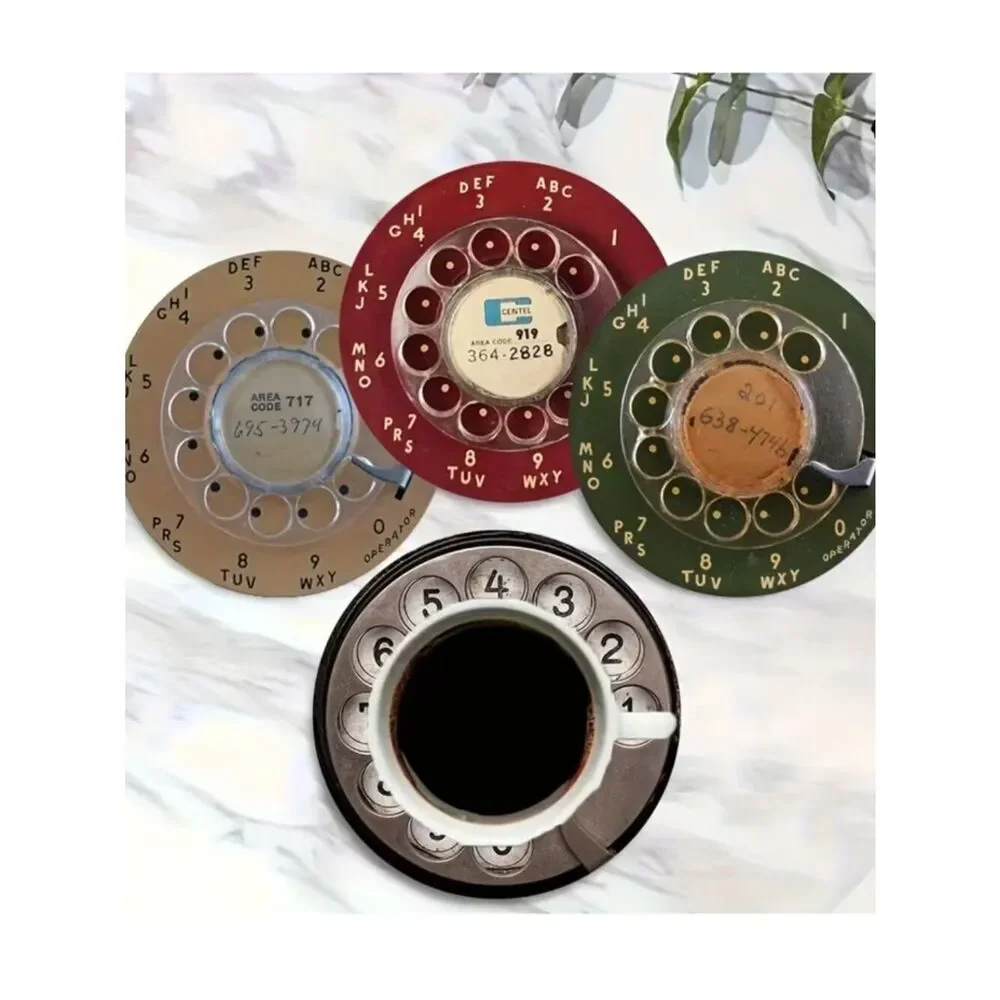 NWT Vintage Rotary Phone Dial 4-Inch Round MDF Wooden Coasters Set of 6